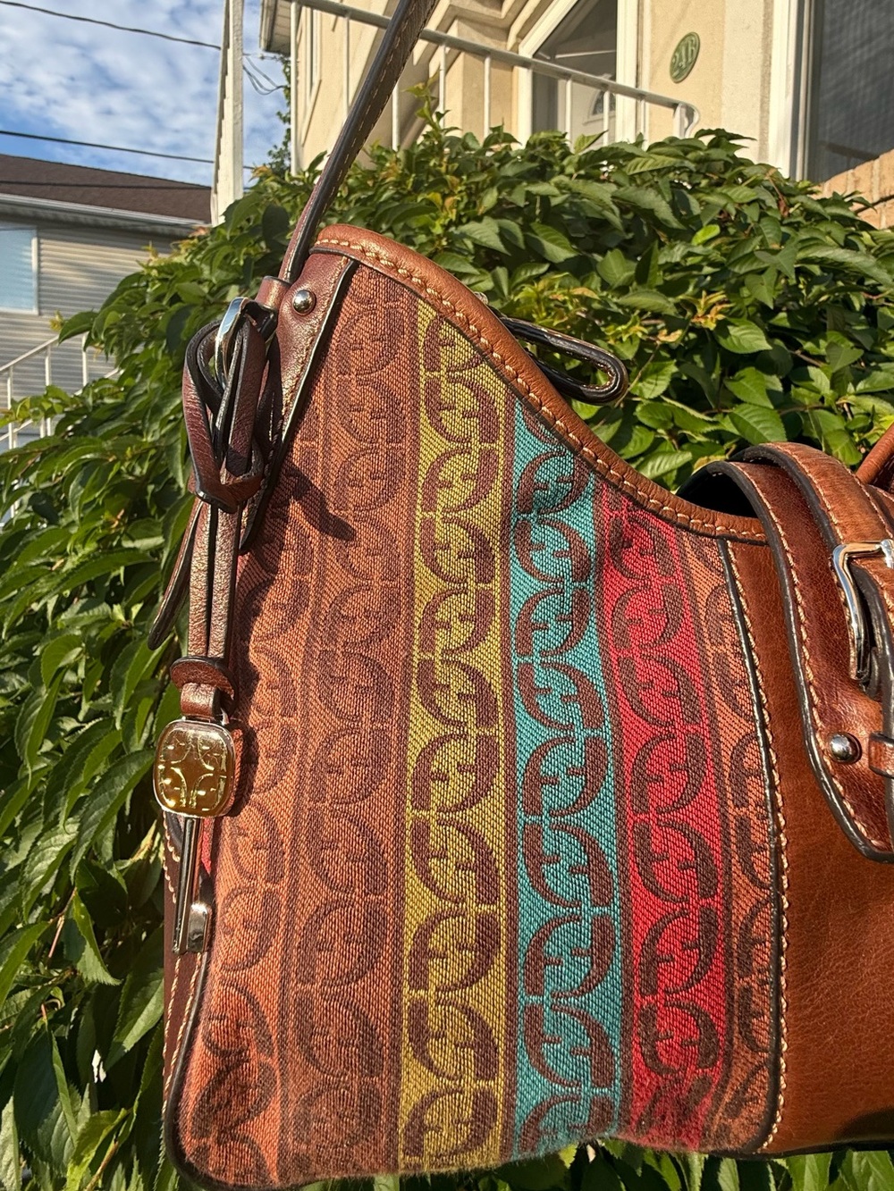 Vintage Y2K Fossil Multicolor Stripe Shoulder Leather Canvas Boho Baguette Purse - Picture 2 of 8